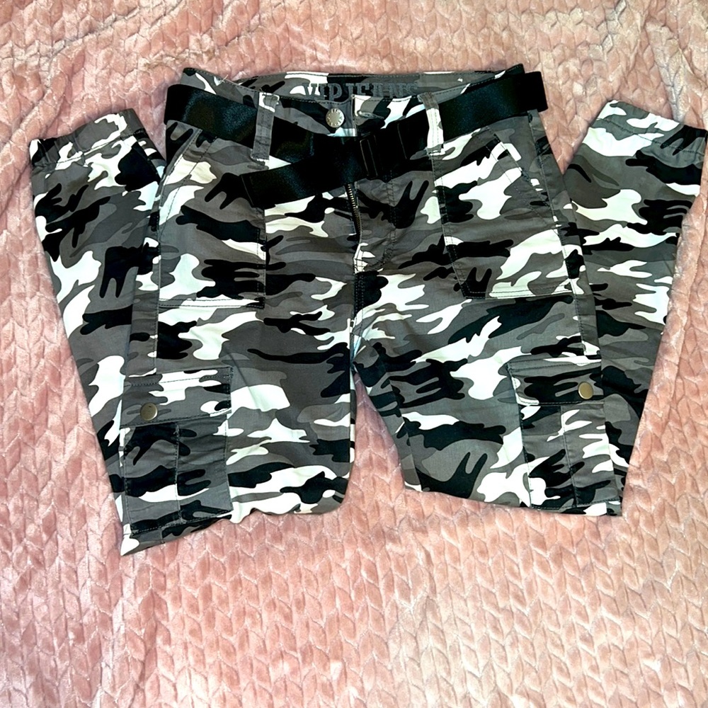 Black Camo Jogger pants with black belt buckle
